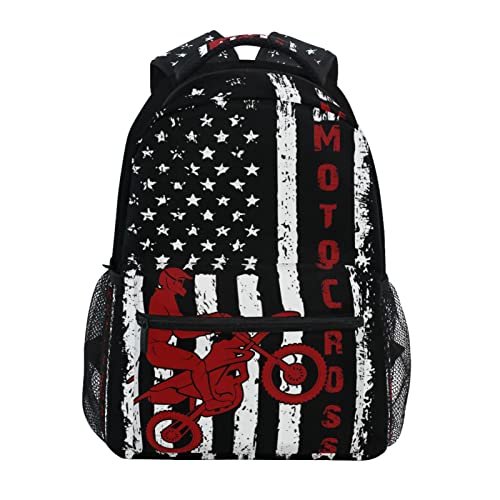 American Flag Motorcycle Backpack Dirt Bike School Bookbag College Shoulder Bag Travel Hiking Camping Daypack for Women Girls Men Boys