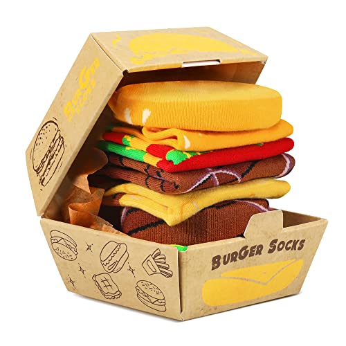 Funny Burger Socks Box for Men Dad Women Teen Boys - Funny Gifts Hamburger Fun Novelty Funky Crazy Silly Cool Cute Food Socks-Father Valentines Day Birthday Gag Christmas Gifts Stocking Stuffers L