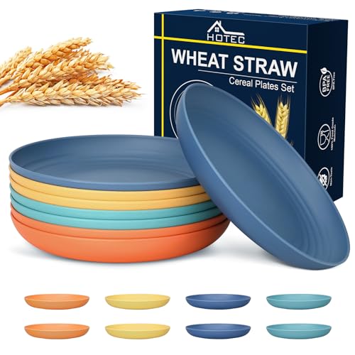 HOTEC Unbreakable Deep Dinner Plates Wheat Straw Plastic Plates Dishwasher Safe Kitchen Plates Dinnerware Set of 8, 9inch