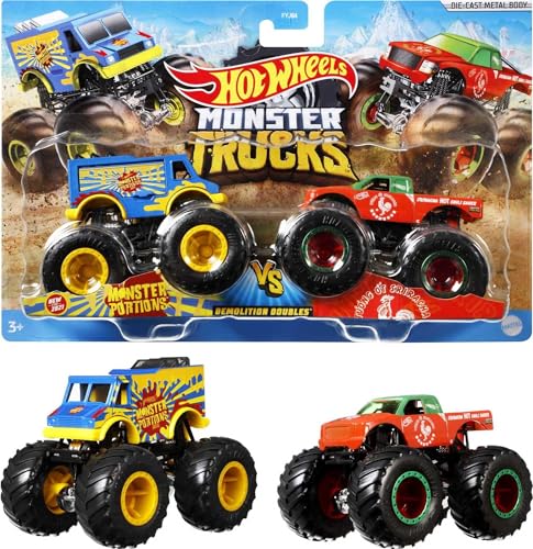 Hot Wheels Monster Trucks Toy Trucks 2-Pack, Demolition Doubles Set of 2 Vehicles in 1:64 Scale, for Kids & Collectors (Styles May Vary)