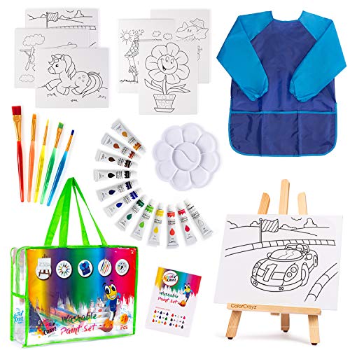 ColorCrayz Paint Set for Kids - 27 Piece Art Kit for Girls & Boys Ages 4-10 - Non-Toxic Washable Painting Supplies with Canvases, Brushes Easel Smock & More - Fun & Creative Gift Idea for Children