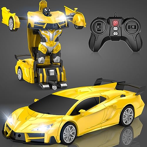 Qumcou Remote Control Car，Transform Robot RC Cars with Cool LED Headlights, 2.4Ghz Toys Car with 360 Degree Rotation and One-Button Deformation, Christmas Birthday Gifts for Boys Girls