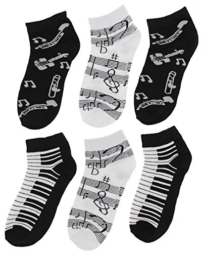 EverBright Women's Black White Music Notes, Piano Keys, Instruments Ankle Low Cut Socks, (6Pr)