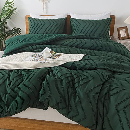 Litanika Queen Comforter Set Dark Emerald Green, 3 Pieces Comforters Queen Size Chevron Tufted Vintage Solid Hunter Green Bedding Comforter Sets, Fluffy Bed Set (90x90In Comforter & 2 Pillowcases)