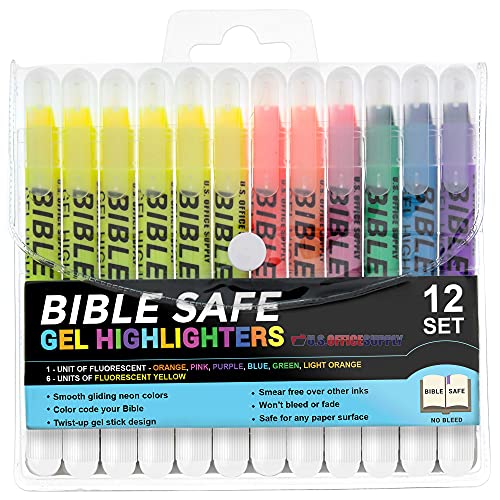 U.S. Office Supply Bible Safe Gel Highlighters, Pack of 12 - Set with 6 Bright Neon Yellow Highlight Colors Plus 6 Colors, Orange, Pink, Purple, Green, Blue - Won't Bleed, Fade or Smear - Study Guide