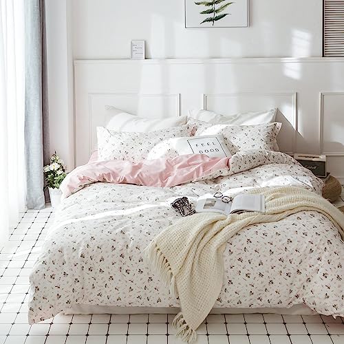 VClife Queen Cotton Duvet Cover Pink White Floral Bedding Sets, Vintage Style Flower Branches Pattern Duvet Covers with Zipper Closure- 1 Duvet Cover and 2 Pillow Covers, Breathable Lightweight