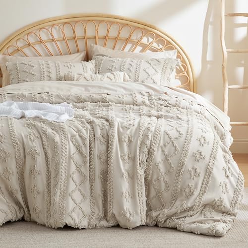 Bedsure Tufted Boho Comforter Set King - Linen Boho Bedding Comforter Set, 3 Pieces Farmhouse Shabby Chic Embroidery Bed Set, Soft Jacquard Comforter for Women Men Girls
