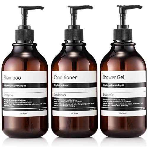 Mia home - 17.5 oz Refillable Empty Amber PET Plastic Bottle Set - 3 Bottles only with Labels, Shampoo & Conditioner & Shower Gel, Silcone Funnel
