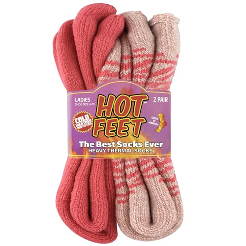 HOT FEET 2 Pack Warm Cozy Thermal Socks for Women - Thick Insulated Crew for Cold Winter Weather. Pink/Marl