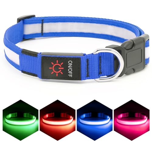 Vizpet LED Dog Collar, Light Up Dog Collar Adjustable USB Rechargeable Super Bright Safety Light Glowing Collars for Dog(Large,Blue)