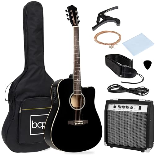 Best Choice Products Beginner Acoustic Electric Guitar Starter Set w/ 41in, All Wood Cutaway Design, Case, Strap, Picks - Black