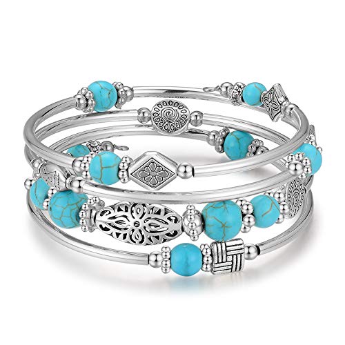 BULINLIN Layered Wrap Bangle Turquoise Bracelet - Bead Bracelet with Natural Agate Stone, Gifts For Women (01-Turquoise)