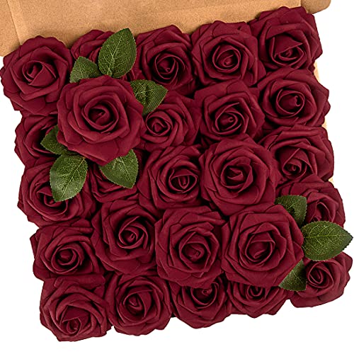 N&T NIETING Artificial Flowers, 25Pcs Fake Flowers Roses Perfect for Christmas DIY Wedding Bouquets Centerpieces Bridal Shower Party Home Flower Arrangement Decorations, Dark Red