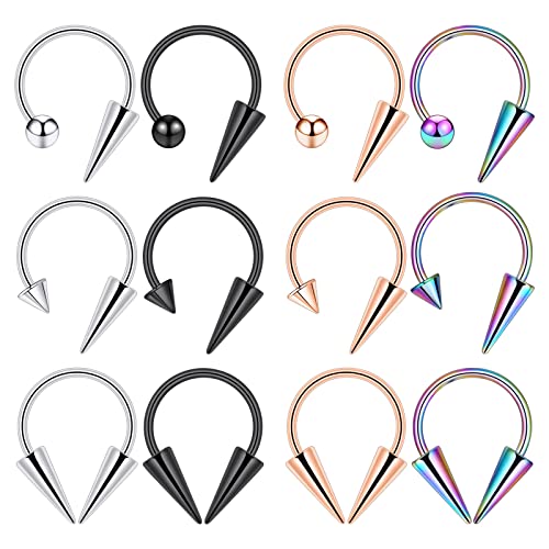 YOFANST 16g 12pcs Stainless Steel Long Spike Nose Septum Rings Horseshoe Hoop Labret Ring 10mm
