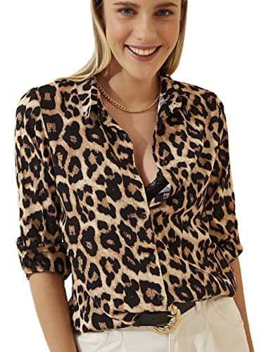 Blouses for Women Fashion, Casual Long Sleeve Button Down Shirts Tops, XS-3XL (Leopard Print, Large)