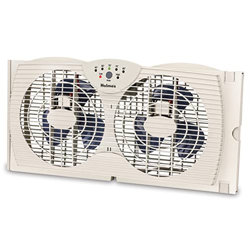 HOLMES Dual Blade Digital Window Fan with Programmable Thermostat Control, Dual 3 Blade Fans, 2 Speeds, Expandable Side Panel with Additional Extender Panels, White