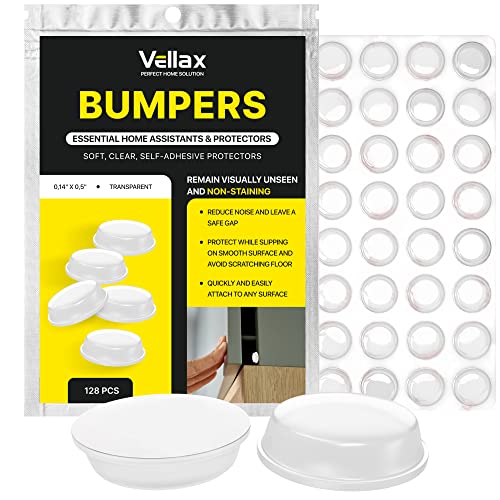 Vellax Cabinet Door Bumpers 128 Pcs - 1/2” Diameter Clear Self Adhesive Pads, Cabinet Stoppers, Rubber Bumpers for Drawers, Cupboards, Cutting Boards, Glass Tops, Picture Frames, Kitchen Furniture