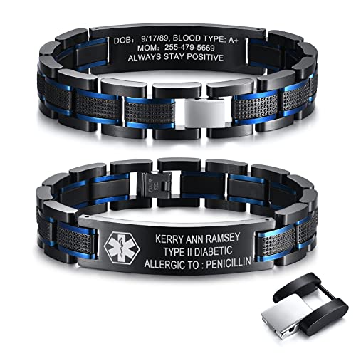 MEALGUET Medical ID Bracelet for Men : Masculine Free Engraving Black and Blue 2-tone Stainless Steel Link Medical Alert Bracelet Personalized Medic ID Bracelet Jewelry for Men Dad