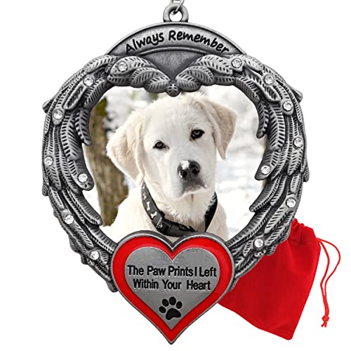 Pet Memorial Photo Christmas Ornament - Always Remember The Paw Prints I Left Within Your Heart - Angel Wings - Pet Sympathy Keepsake Gift - Storage Bag Included