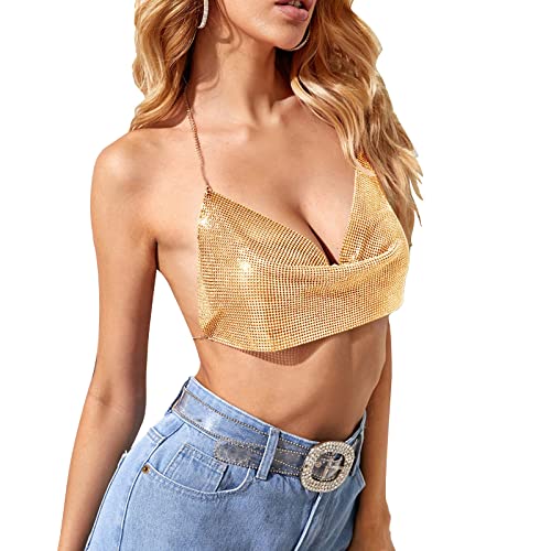 ZWW Women's Sequin Tube Top with Backless and Halter Design Sleeveless and Sexy with Neck Chain and Glittery Shelf Bra (Gold)