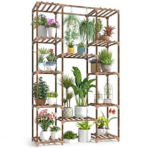 cfmour Wood Plant Stand Indoor Outdoor, 62.2' Tall Flower Shelf Tiered Plant Stands for Multiple Plants Large Planter Holder Hanging Shelves Rack for Living Room Garden Balcony