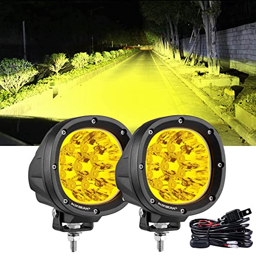 Auxbeam 4In 90W Amber Round Led Offroad Lights 2PCS 9000LM Amber Fog Super Bright Driving Light with Wiring Harness Kit Spot Beam Pod Light for Truck SUV ATV UTV Jeep Wrangler Motorcycle