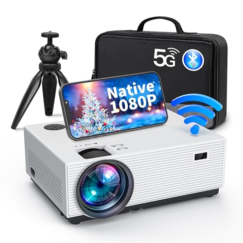 4K Projector with 5G WiFi and Bluetooth, Acrojoy 450 ANSI Native 1080P Mini Projector Support 400' Display, 75% Zoom, Portable Outdoor Movie Projector W/Tripod and Bag, Compatible W/TV Stick/USB/PS5