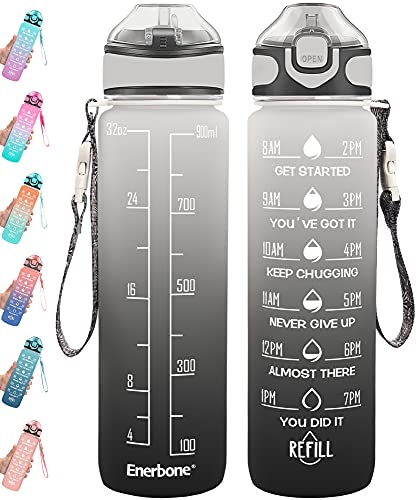Enerbone 32 oz Water Bottle with Times to Drink and Straw, Motivational Drinking Water Bottles with Carrying Strap, Leakproof BPA & Toxic Free, Ensure You Drink Enough Water for Fitness Gym Outdoor