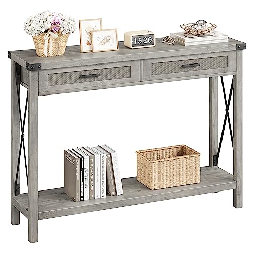 GAOMON Farmhouse Entryway Table, Grey Console Table with Rattan Drawers, 43' Sofa Table with Storage, Console Tables for Entryway, Living Room, Hallway, Foyer-Grey