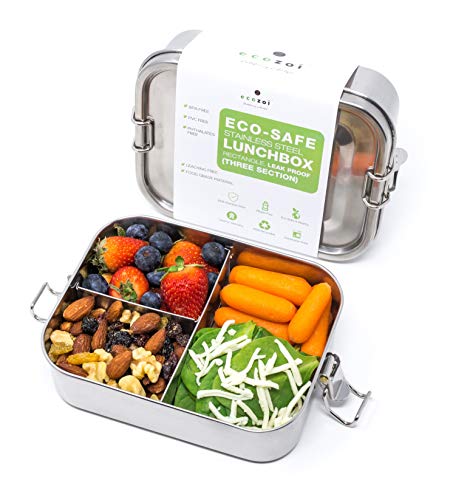 ecozoi Stainless Steel Lunch Box, Leak Proof Metal Bento Box with 3 Compartments, 24 Oz Bento Box, BPA Free Meal Prep Food Container | Bonus 50 ml Sauce Container