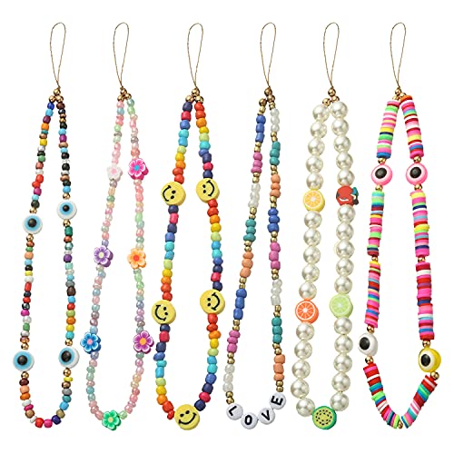 Taouzi 6PCS Beaded Phone Lanyard Wrist Strap Face Beaded Phone Charm Fruit Star Pearl Rainbow Color Beaded Phone Chain Strap for Women