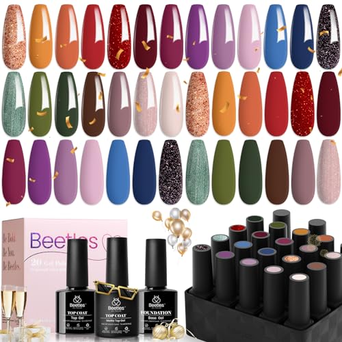 beetles Gel Polish Nail Set 20 Pcs Winter Colors Orange Red Navy Blue Glitter Collection Gel Polish Soak Off LED UV with Gel Base and Top Coat Nail Art Manicure New Years Gift