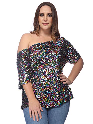 Anna-Kaci Women's Plus Size Sequin Top Shirts One Shoulder Short Sleeve Party Glitter Top, Multicolored, XXX-Large