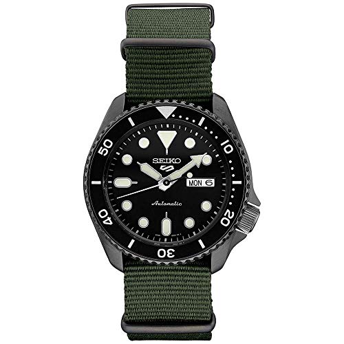 SEIKO SRPD91 Watch for Men - 5 Sports - Automatic with Manual Winding Movement, Black Dial with Black Bezel, Black Ion Stainless Steel Case, Green Nylon Strap, and Day/Date Display