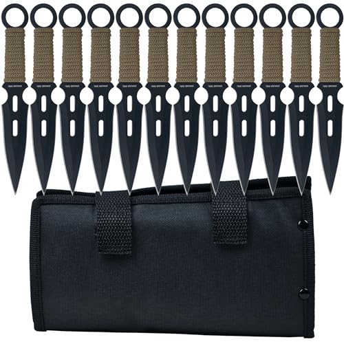 Whetstone Cutlery S-Force Kunai Knives - 12-Pack Black and Green Stainless-Steel Ninja Throwing Knife Set with Cord-Wrapped Handles and Carry Case