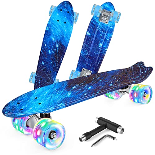 BELEEV Skateboard for Kids Ages 3-12, 22 inch Mini Cruiser Skateboard for Beginners Girls Boys Teens Adults, Classic Complete Skateboard with LED Light up Wheels, All-in-One Skate T-Tool (Nebula Blue)