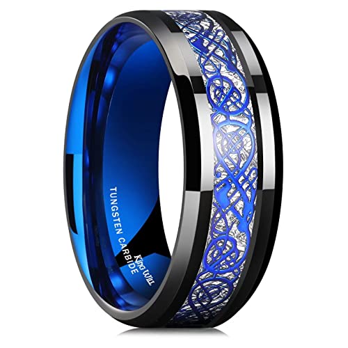 King Will DRAGON Mens Black Tungsten Carbide Ring 8mm Blue Celtic Dragon Wedding Band Comfort Fit High Polished(10)