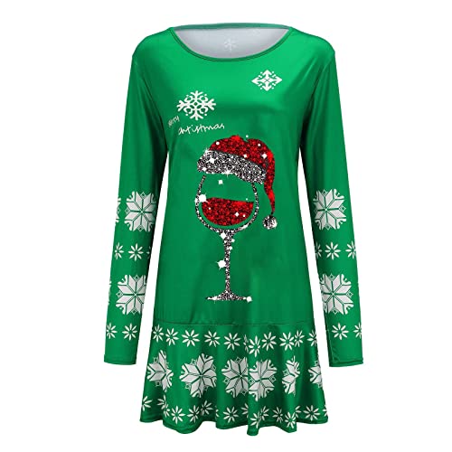 Womens T Shirt Dress Christmas Wine Glass Print Round Neck Long Sleeve Blouse Dress Workout Comfy Fall Winter Fashion Midi Dress Womens Christmas Dress Plaid Christmas Vintage Dress for Women