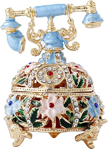 Ingbear Blue Telephone Figurine Hinged Trinket Boxes, Unique Gift for Thanksgiving Day & Christmas Day, Hand-Plated Enameled Jewelry Box, Animals Ornaments for Home Décor