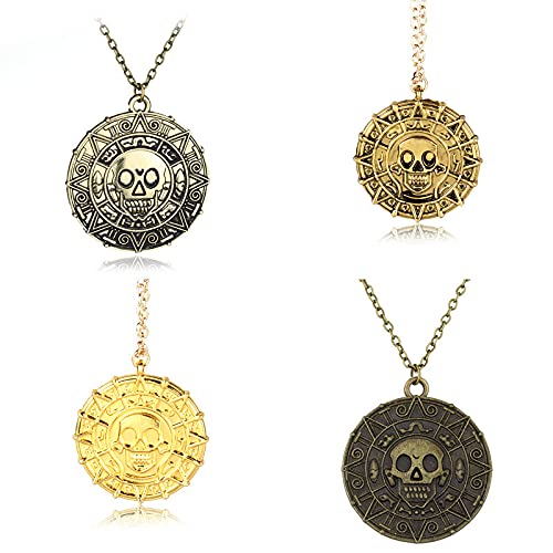 Yissw 4 Pcs Round Gold Coin Skull Necklace Pendant Dress Accessory Movie Pirates of The Caribbean Medal Necklace Retro Jewelry Set