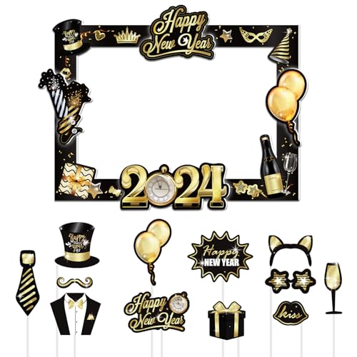 13 Pcs New Year Photo Booth Frame 2024 Photo Booth Props with Happy New Year 2024 Photo Booth Frame Selfie Picture Frame