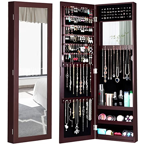 Giantex Jewelry Armoire Cabinet Wall Door Mounted with Full Length Mirror, Jewelry Organizer with Makeup Mirror, Ring Earring Slots, Necklace Hooks, Large Capacity Storage Jewelry Armoire (Brown)