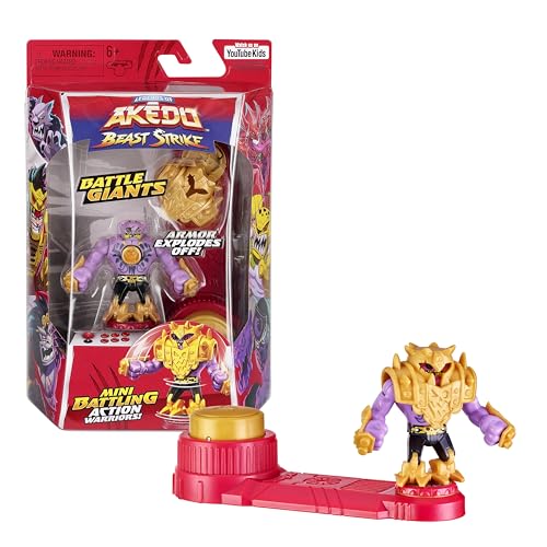 Legends of Akedo Beast Strike Battling Giant Gold Tusk. Mini Battling Warriors. Armor Explodes Off During Battle. Ready, Fight, Split Strike. Small