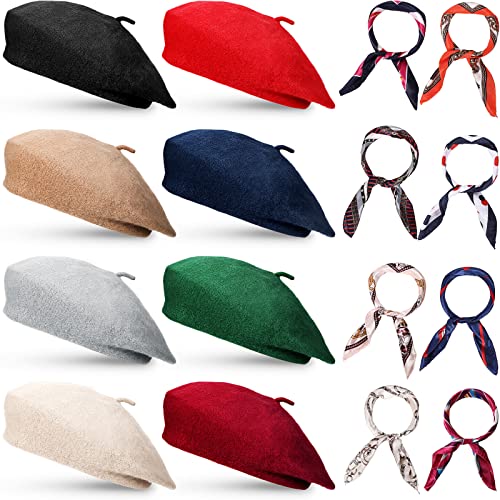 16 Pieces Wool Beret Hat French Style Artist Beanie Beret with Silky Scarf Set for Women Girls Winter Christmas, One Size