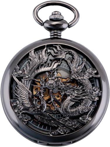 SIBOSUN Mechanical Pocket Watches Mens Lucky Phoenix and Dragon Skeleton Pocket Watch Black Antique Roman Numerals Box