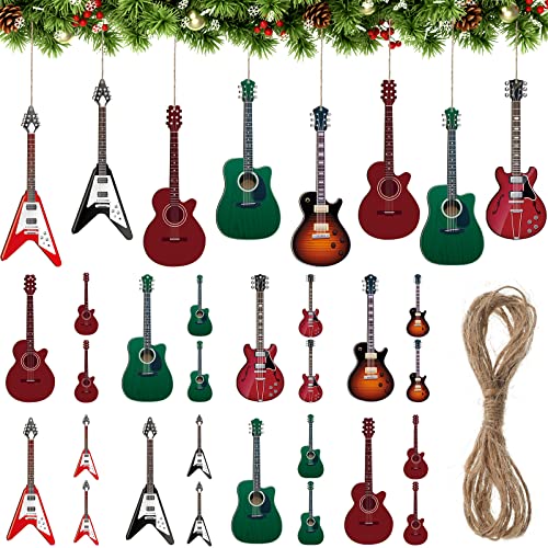 Purpeak 24 Pieces Christmas Guitar Ornaments, Wooden Model Xmas Tree , Hanging Decorations, Wood Musical Instrument for Christmas Party Home Wall Decor Supplies