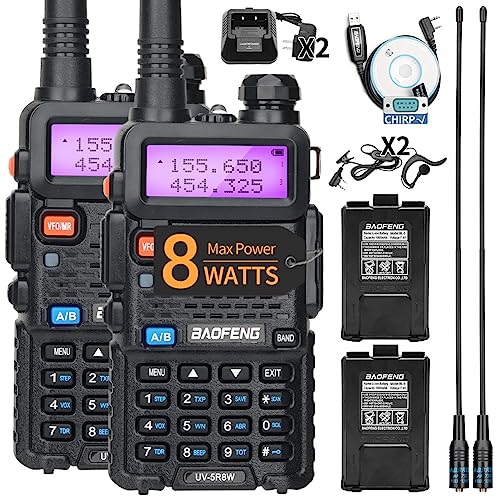 BAOFENG UV-5R Radio Kits 8W High Power Dual Band 144-148/420-450Mhz Baofeng Radio Handheld Radio Long Range Walkie Talkie for Adult with Programming Cable etc(Black+2Pack Full Set)