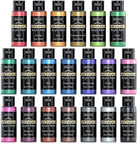 Shuttle Art Metallic Acrylic Paint Set, 20 Colors Metallic Paint in Bottles (60ml, 2oz) with 3 Brushes and 1 Palette, Rich Pigments, Non-Toxic for Artists, Beginners on Rocks Crafts CanvasWood Fabric