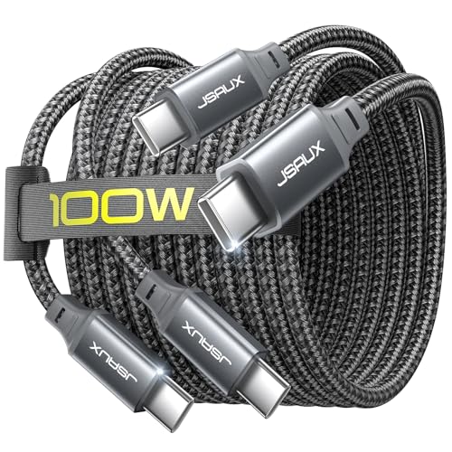 JSAUX 100W USB C to USB C Charger Cable [2-Pack 6.6FT], Type C Fast Charging Cable Compatible with MacBook Pro, iPad Pro Air, iPhone 15/15 Plus/15 Pro Max, Galaxy S23+/S23 Ultra, Pixel-Grey