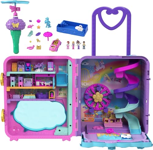 Polly Pocket Dolls, Playset and Travel Toys, 4 Dolls, 1 Vehicle, 25+ Accessories, Resort Roll Away